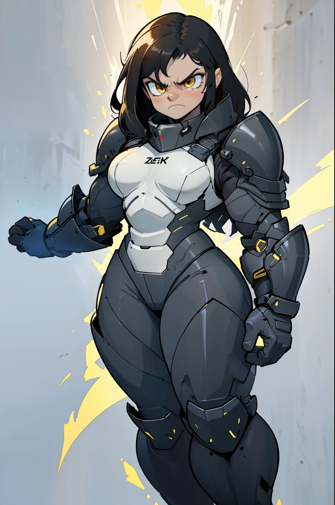 grey background (((muscular))), (thick thighs, small breasts, toned body, 1 girl), black hair, pale skin, yellow eyes, angry, very long hair armor armor armor armor armor armor armor armor armor armor armor armor armor armor armor armor armor armor armor 