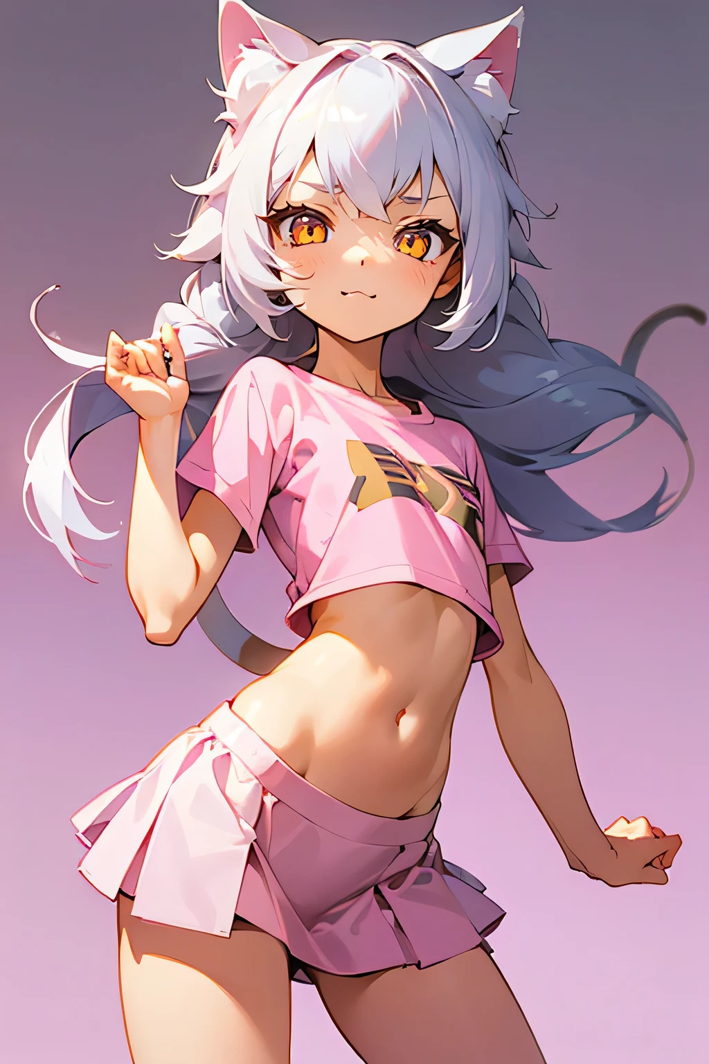 1girl, silver hair, golden eyes with pupils, ((skinny)), ((petite)), short, small, ((neko)), (cropped solid pastel pink tshirt), long hair, short skirt, (((kid))), cat ears, happy, blush, flat chest, midriff, at school, tummy