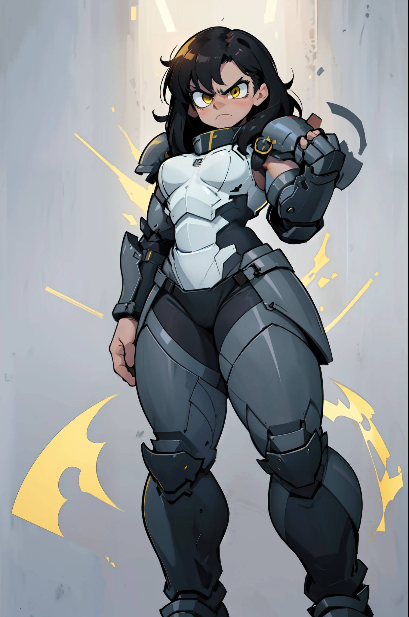grey background (((muscular))), (thick thighs, small breasts, toned body, 1 girl), black hair, pale skin, yellow eyes, angry, very long hair armor armor armor armor armor armor armor armor armor armor armor armor armor armor armor armor armor armor armor