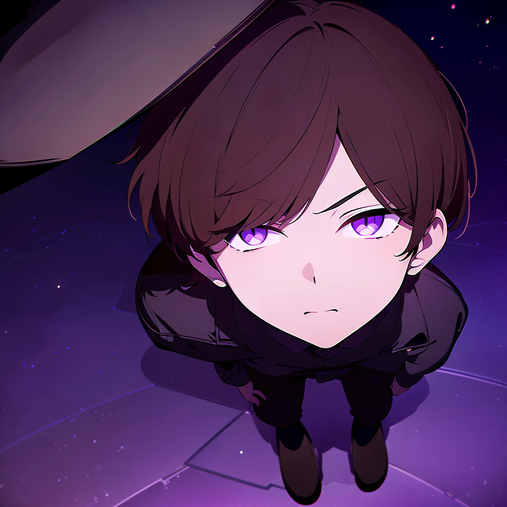 virtual_youtuber, 1boy, male_focus, solo, brown_hair, purple_eyes, space_background, brown_footwear, full_body, straight-on, looking_at_viewer, pants, black collared shirt, hair_between_eyes, (VERY DETAILED EYES:1.5)