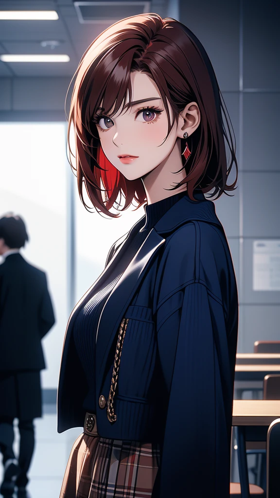 A 24-year-old high school girl with a European appearance, short red hair with a Chanel cut and no bangs, dark eyes, and is apparently tall, has a kind and mature face, she is wearing English clothes. dark blue in color, it is inside an English high school,