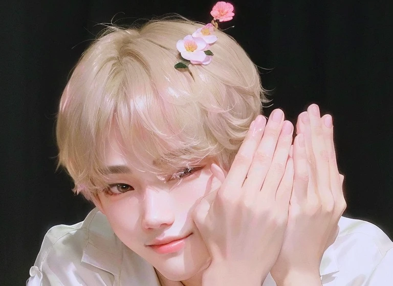 there is a young man with a pink flower in his hair, Taehyung comendo batatas fritas Gucci, Jimin\the full lips, Jimin, cai xukun, Jimin\o nariz grego, park Jimin, accurate Jimin face, Kim Doyoung, Jimin\the right eyelid is swollen, com dedo indicador, hyung tae, taehyung, 🍁 Bonitinho, adorable and pale korean face