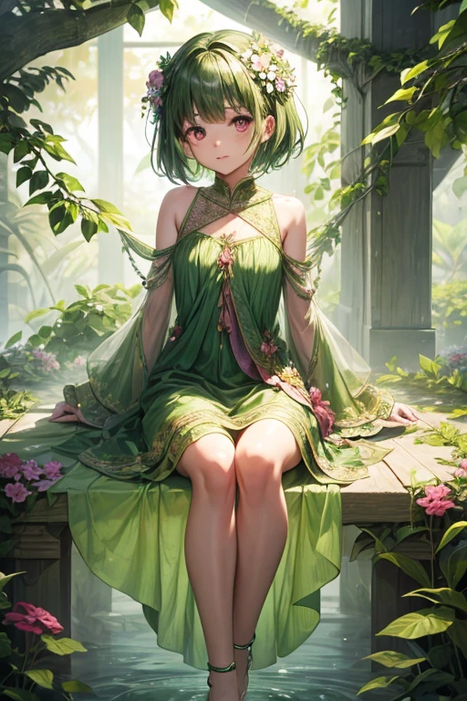 5 year old girl plant with green skin and short hair made of green leaves.
dress made of leaves feet made of roots with pink eyes hands shaped like flower buds