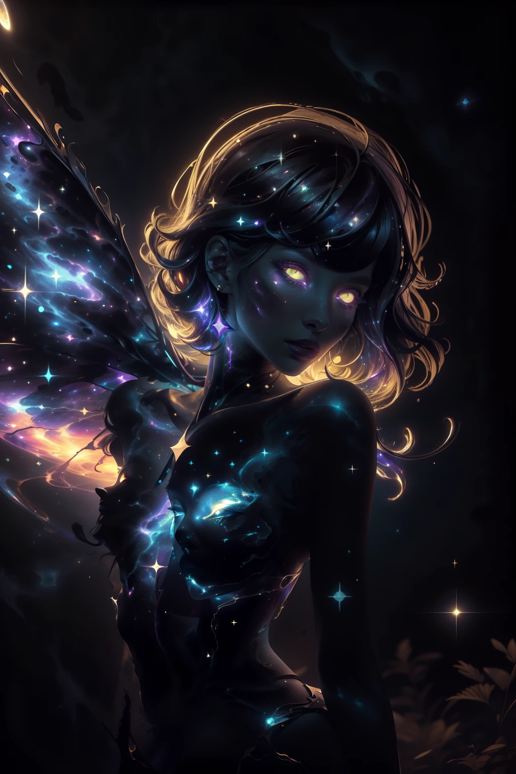 (((This is a dark image))). Generate a dark celestial woman with ((extremely perfect)) eyes and (((pure black galaxy skin))). Her ((onyx black)) but (soft) face should be highly detailed and realistically shaded with puffy lips. ((Her face is important.)) Her wings are delicate but stunning, with many small fantasy details. This is a (((masterpiece))). Utilize dynamic composition and expressions to create a cinematic experience. Include glittering and delicate jewelry. The background of the image should be pure back, leaving the woman as the focal point of the image. ((dark celestialskin body, void cosmic body)), ornate, (((dark background))), (((lights off))), (((hollywood dark))), horror, dramatic shadows, (in a dark fantasy space:1.3, glitter, sparkle, gleam),