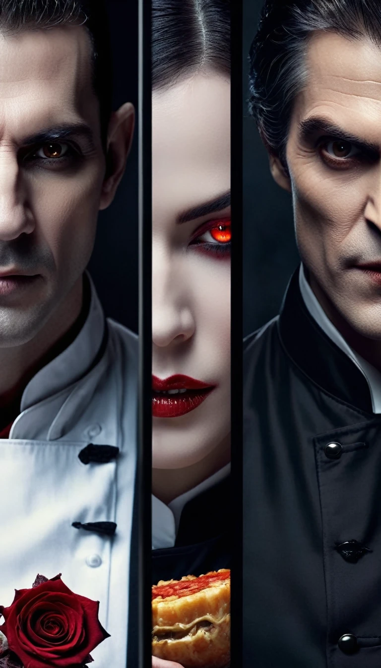 symmetry,Vampire and human side by side (best quality,4k,8k,High resolution,chef-d'artwork:1.2),Ultra-detailed,(Realistic,photoRealistic,photo-Realistic:1.37),peinture classique,historique,architecture gothique,Fond sombre,contrasting colors,Soft lighting,sharpness,Twilight atmosphere,Ethereal beauty,bright red lips,Peau de porcelaine,regard puissant,Crocs de vampire,bijoux en argent,cheveux flottants,Symmetrical composition,Imposing presence,Subtle Thinking,Haunting Expressions,coups de pinceau délicats,breathtaking realism,juxtaposition harmonieuse,balance between light and shadow,atmosphère transcendante,unshakeable confidence,shared space,intertwined parallel worlds,magic and reality merged,connexion sans fin,relation non conventionnelle,un semblant de paix dans le chaos,reveal the'inconnu,lien incassable,Hidden desires,double nature.