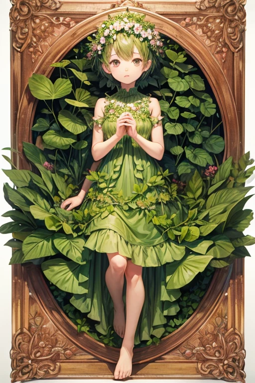 5 year old girl plant with green skin and short hair made of green leaves.
dress made of leaves feet made of roots with pink eyes hands shaped like flower buds