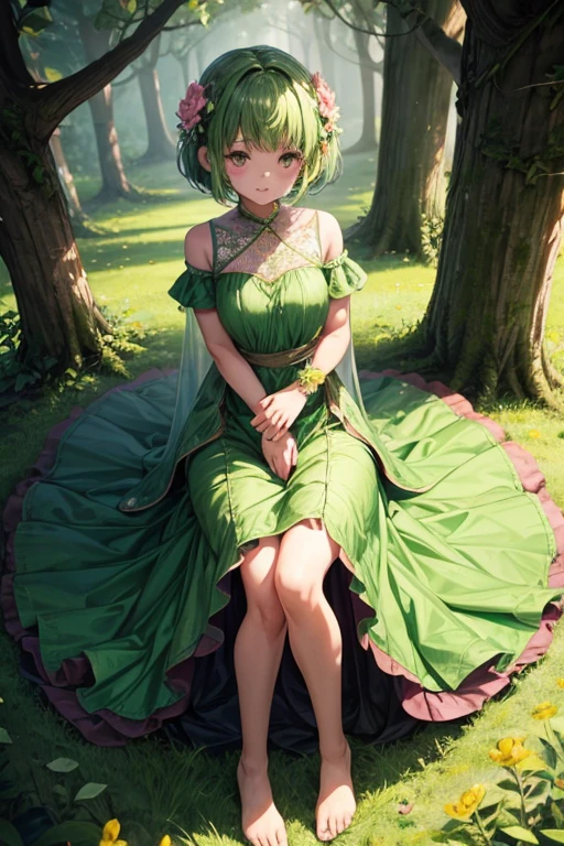 5 year old girl plant with green skin and short hair made of green leaves.
dress made of leaves feet made of roots with pink eyes hands shaped like flower buds