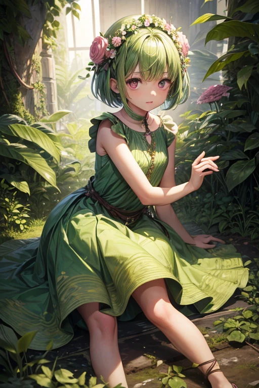 5 year old girl plant with green skin and short hair made of green leaves.
dress made of leaves feet made of roots with pink eyes hands shaped like flower buds