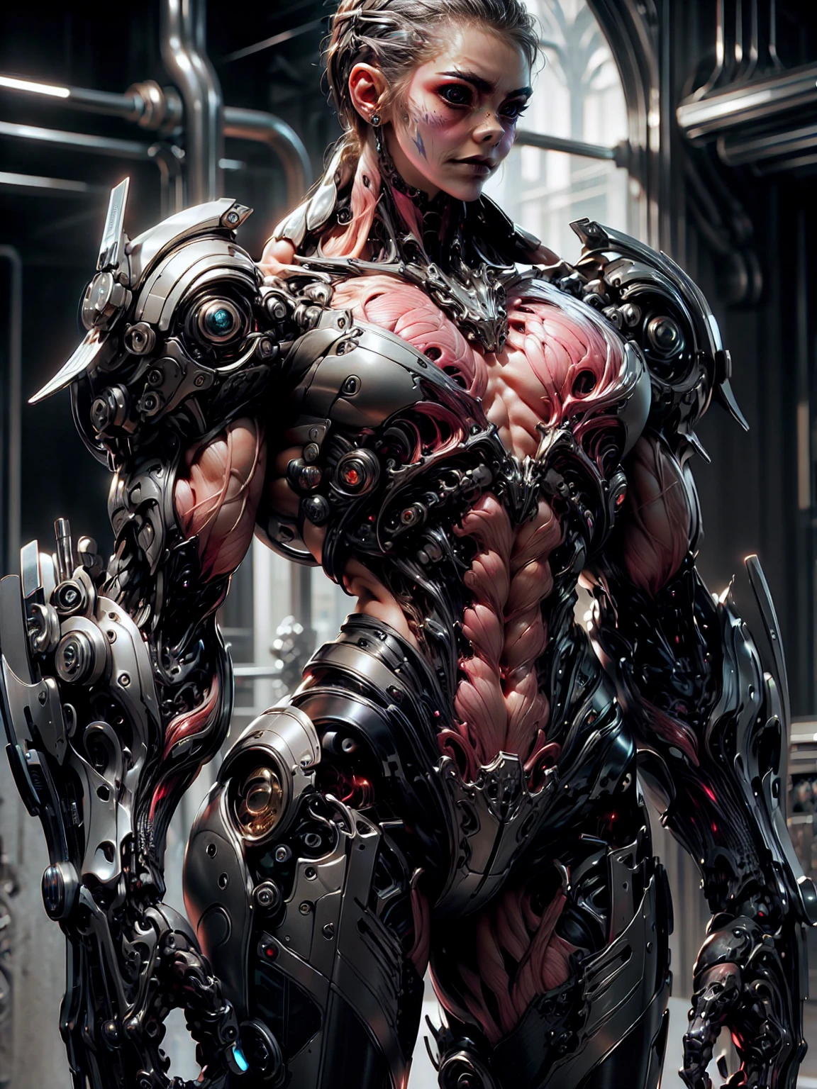 (1 girl), (cara delevingne), (muscular android girl wearing a black anatomic cybernetic muscle suit:1.25), (wide shoulders:1.25), (muscular defined physique:1.25), perfect hands, long hair, large breasts, high resolution image, extreme detail, blank background