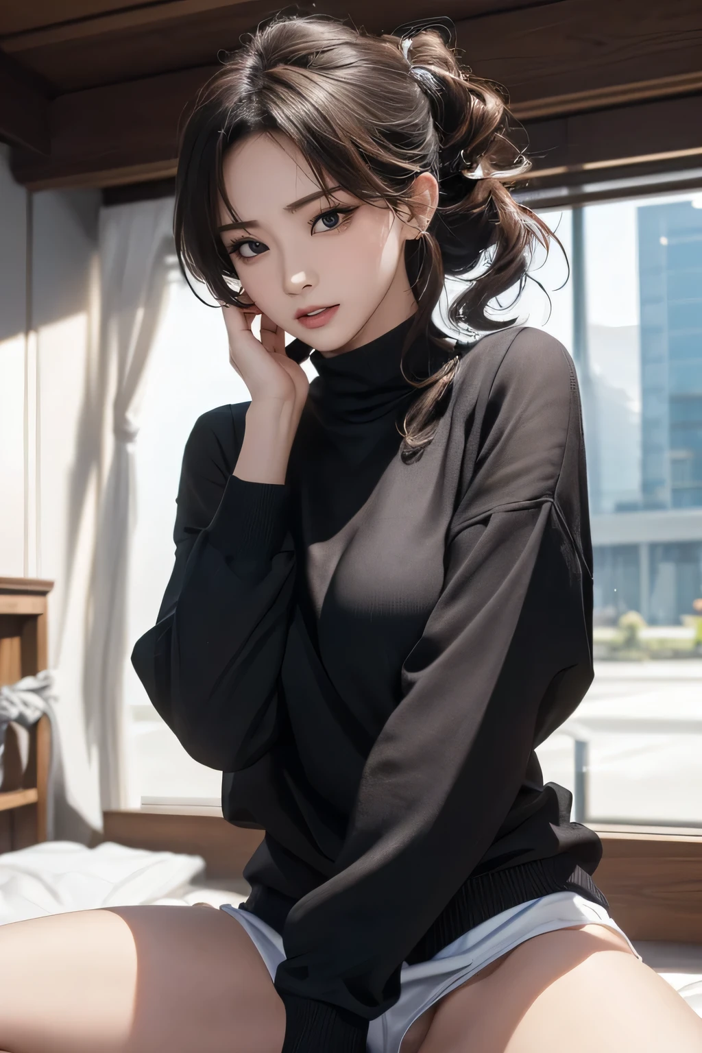 (Random Pause),(Random Hairstyles),(Best image quality,(8k), Ultra-realistic, 最high quality, high quality, High resolution, High quality texture, Attention to detail, Beautiful details, Fine details, Highly detailed CG, Detailed Texture, Realistic facial expressions, masterpiece, before),Virgin Destroyer Sweater,Black Pantyhose,Spread your legs,(((Spread your legs wide、Spread your legs wide, with her hands on her head)))