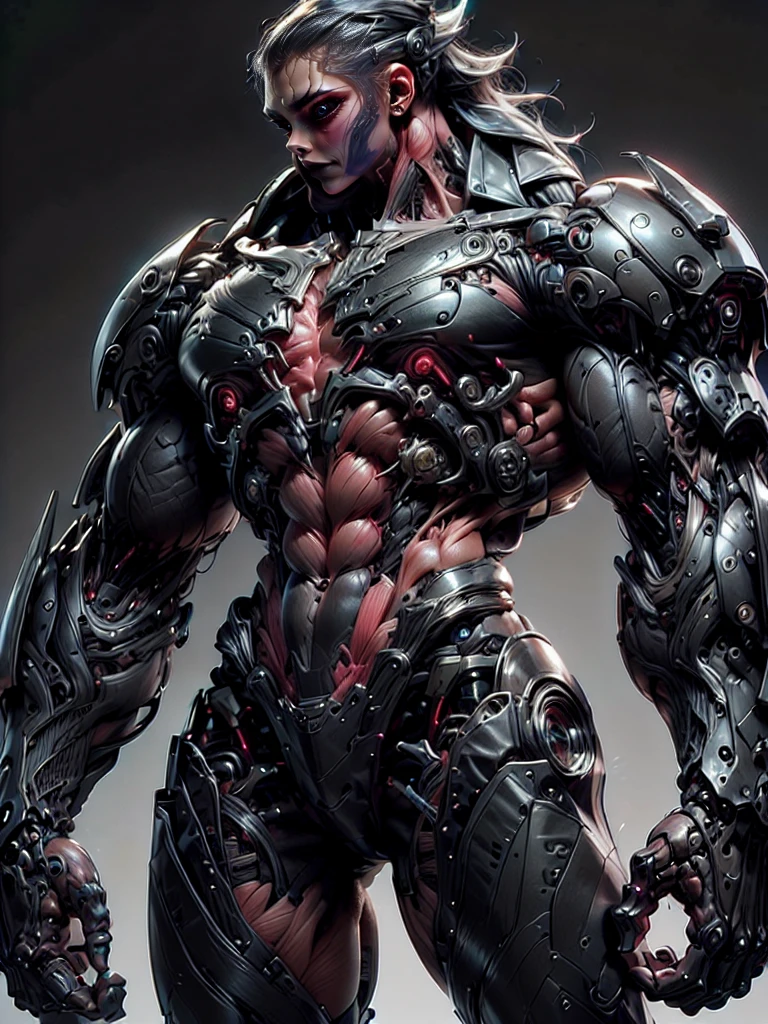 (1 girl), (cara delevingne), (muscular android girl wearing a black anatomic cybernetic muscle suit:1.25), (wide shoulders:1.25), (muscular defined physique:1.25), perfect hands, long hair, large breasts, high resolution image, extreme detail, blank background