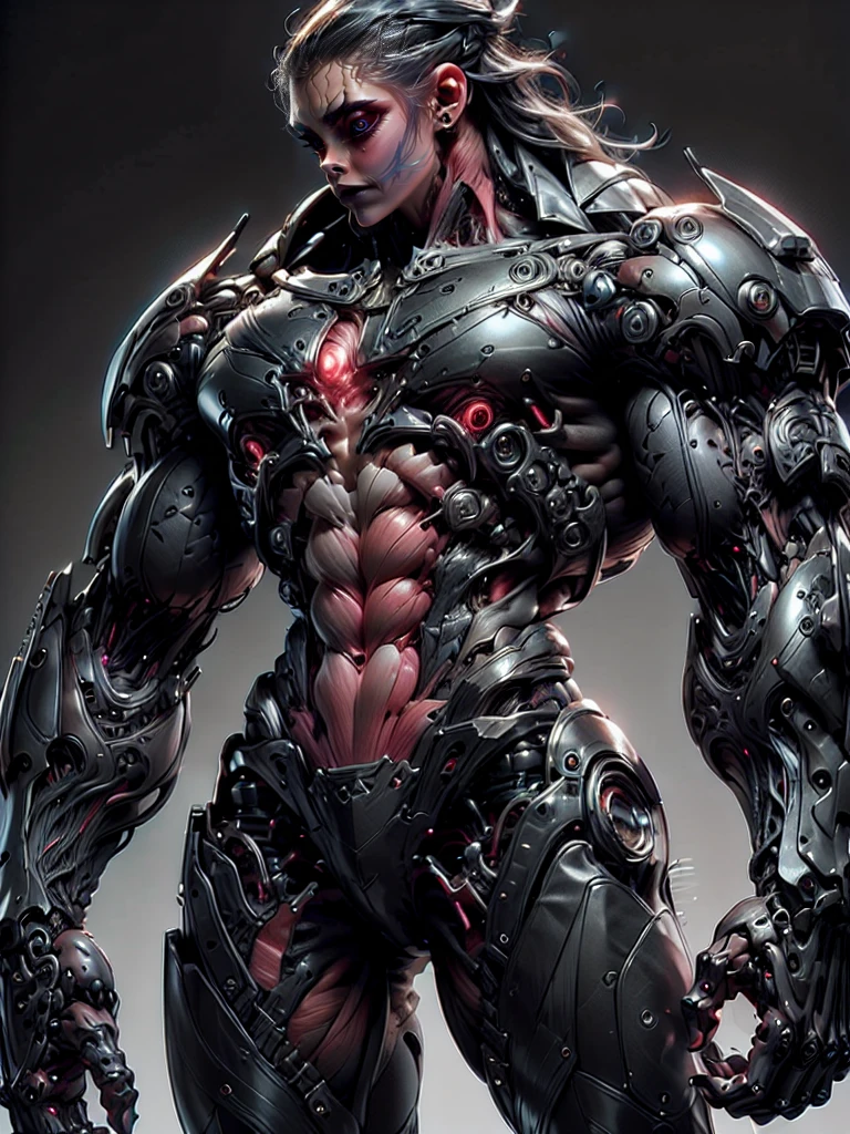 (1 girl), (cara delevingne), (muscular android girl wearing a black anatomic cybernetic muscle suit:1.25), (wide shoulders:1.25), (muscular defined physique:1.25), perfect hands, long hair, large breasts, high resolution image, extreme detail, blank background