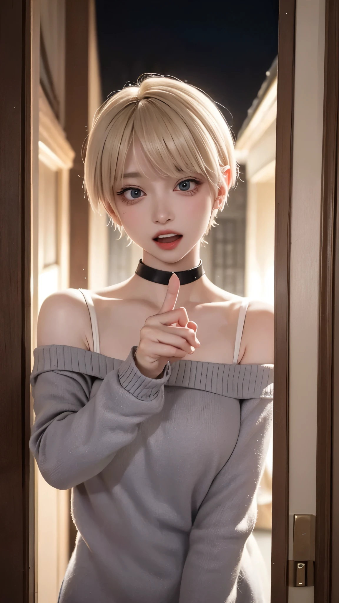 1 Girl、solo、masterpiece,highest quality,High resolution,Very detailed, skinny,Black Choker,Earrings,Big cleavage、Off-the-shoulder tight sweater dress,Accurate and detailed human body、

From head to toe、

 Cute pose、(((Open your mouth))), Heavy breathing , (aheghentai face:1.5), 
Blonde pixie short hair、
(((Accurate 5-finger)))、Accurate human body、The perfect human body、((Captivating smile ))、

entrance、From outdoors to indoors、Door with a night view、深night、night、open the door、Detailed Background、(((POV doorway:1.2)))