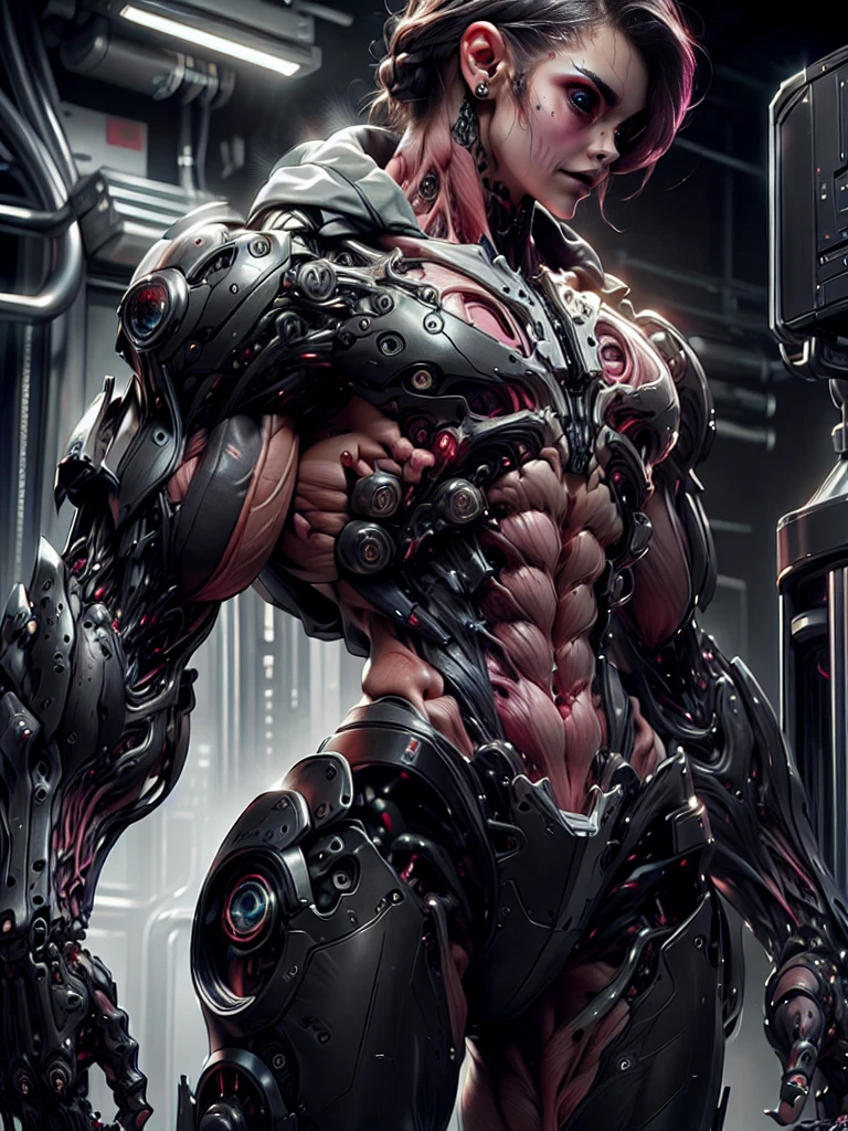 (1 girl), (cara delevingne), (muscular android girl wearing a black anatomic cybernetic muscle suit:1.25), (wide shoulders:1.25), (muscular defined physique:1.25), perfect hands, long hair, large breasts, high resolution image, extreme detail, blank background