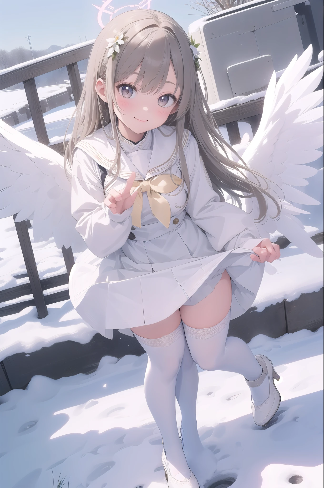 (masterpiece:1.3), (absurdres:1.3), (best quality:1.3), (ultra-detailed:1.3), snow, outdoors, full body, waving, smile, 1girl, nagisa-fi, halo, white wings, long sleeves, white dress, sailor collar, capelet, white skirt, black pantyhose, white high heels,Big angel wings、Big Wings、Floating in the sky、Floating in the air、Ultra-slim legs、((Amazingly cute))、