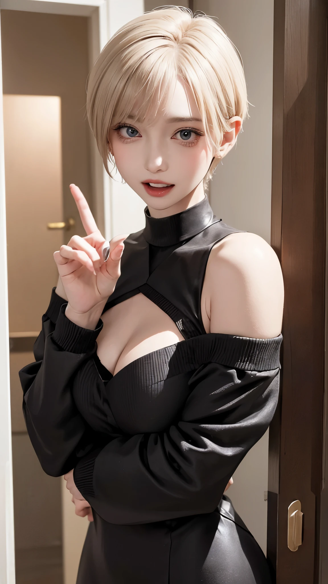 1 Girl、solo、masterpiece,highest quality,High resolution,Very detailed, skinny,Black Choker,Earrings,Big cleavage、Off-the-shoulder tight sweater dress,Accurate and detailed human body、
From head to toe、
Cute pose、(((Open your mouth))), Heavy breathing , (aheghentai face:1.5),
Blonde pixie short hair、
(((Accurate 5-finger)))、Accurate human body、The perfect human body、((Captivating smile ))、
entrance、From outdoors to indoors、Door with a night view、深night、night、open the door、Detailed Background、(((POV doorway:1.2)))