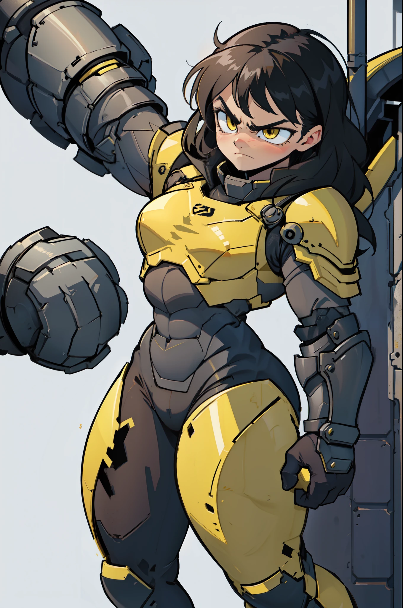 grey background (((muscular))), (thick thighs, small breasts, toned body, 1 girl), black hair, pale skin, yellow eyes, angry, very long hair armor armor armor armor armor armor armor armor armor armor armor armor armor armor armor armor armor armor armor