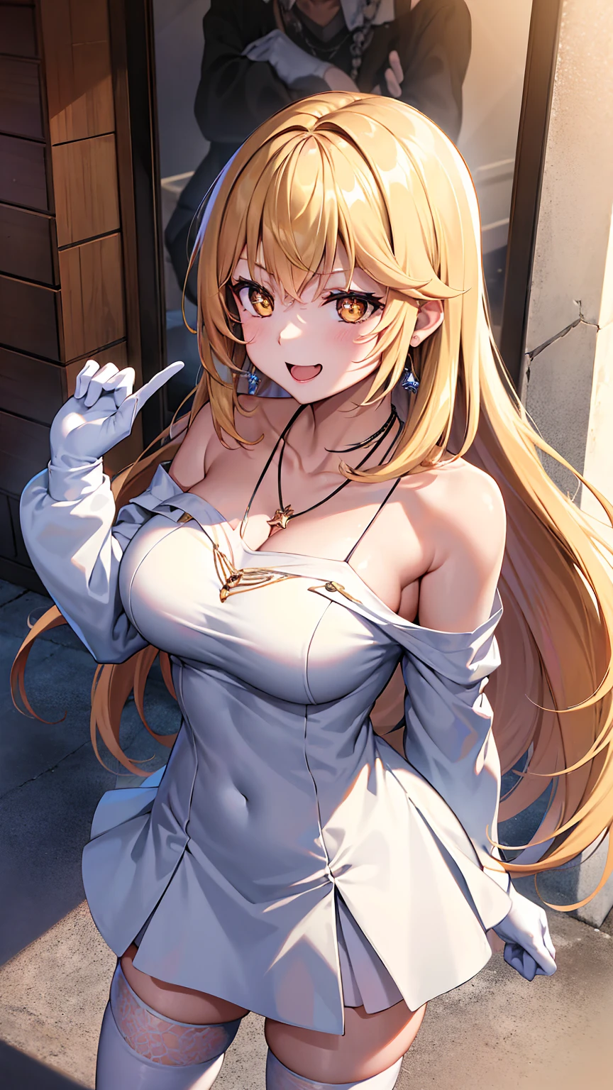 masterpiece, best quality, highres, hmmisaki, long hair, symbol-shaped pupils, +_+, large breasts, white gloves, elbow gloves, white thighhighs, smile,　Earrings, necklace, clavicle, Off the shoulder, Sweater dress, Long sleeve, Black knee socks, street, Are standing, Cowboy Shot, smile, wave hands, Open your mouth,  In town　　panic++++　　Embarrassed+++　　Excited+++　　Be upset++++