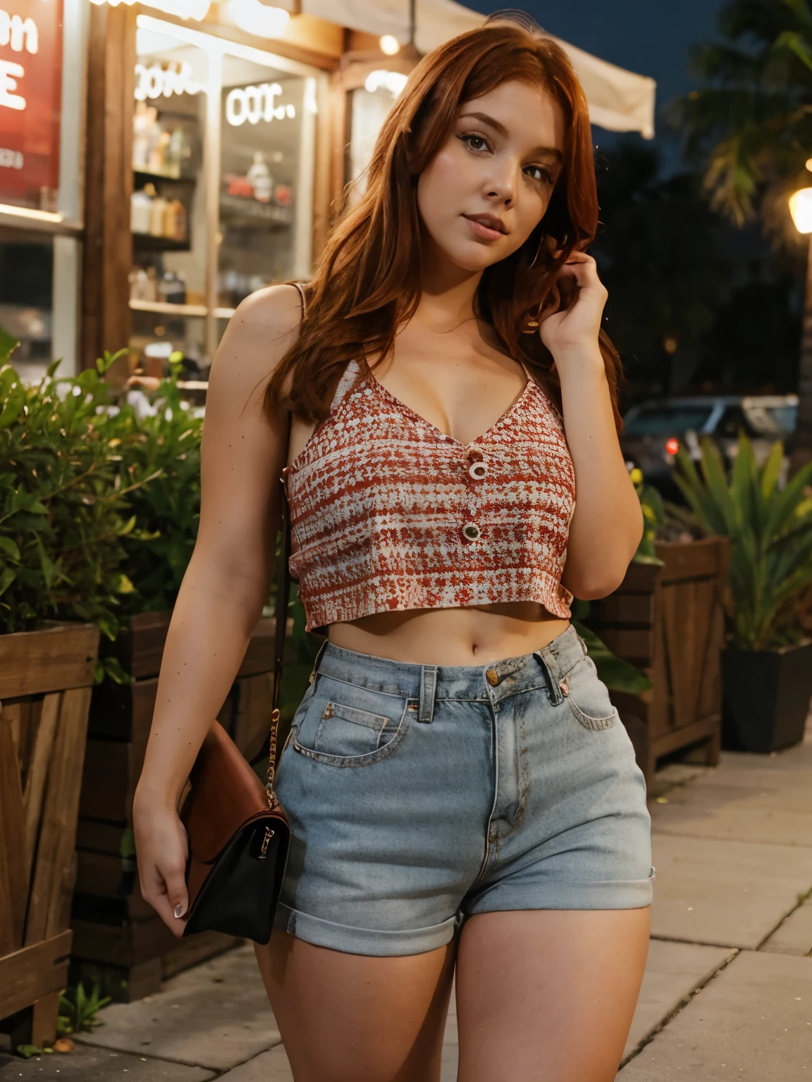 thick redhead girl, summer outfit, night out