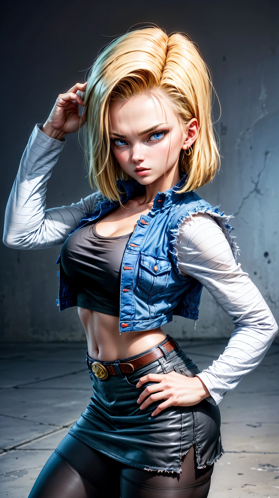 masterpiece:1.2, high quality, best quality, no background, white background, and18, 1girl, android 18, solo, blonde hair, blue eyes, short hair, earrings, jewelry, denim vest, open vest, black pantyhose, black shirt, denim skirt, striped long sleeves, blue skirt, large breasts, thick thighs, curvy hips, stfighting stance, shoot from front, cowboy shot,