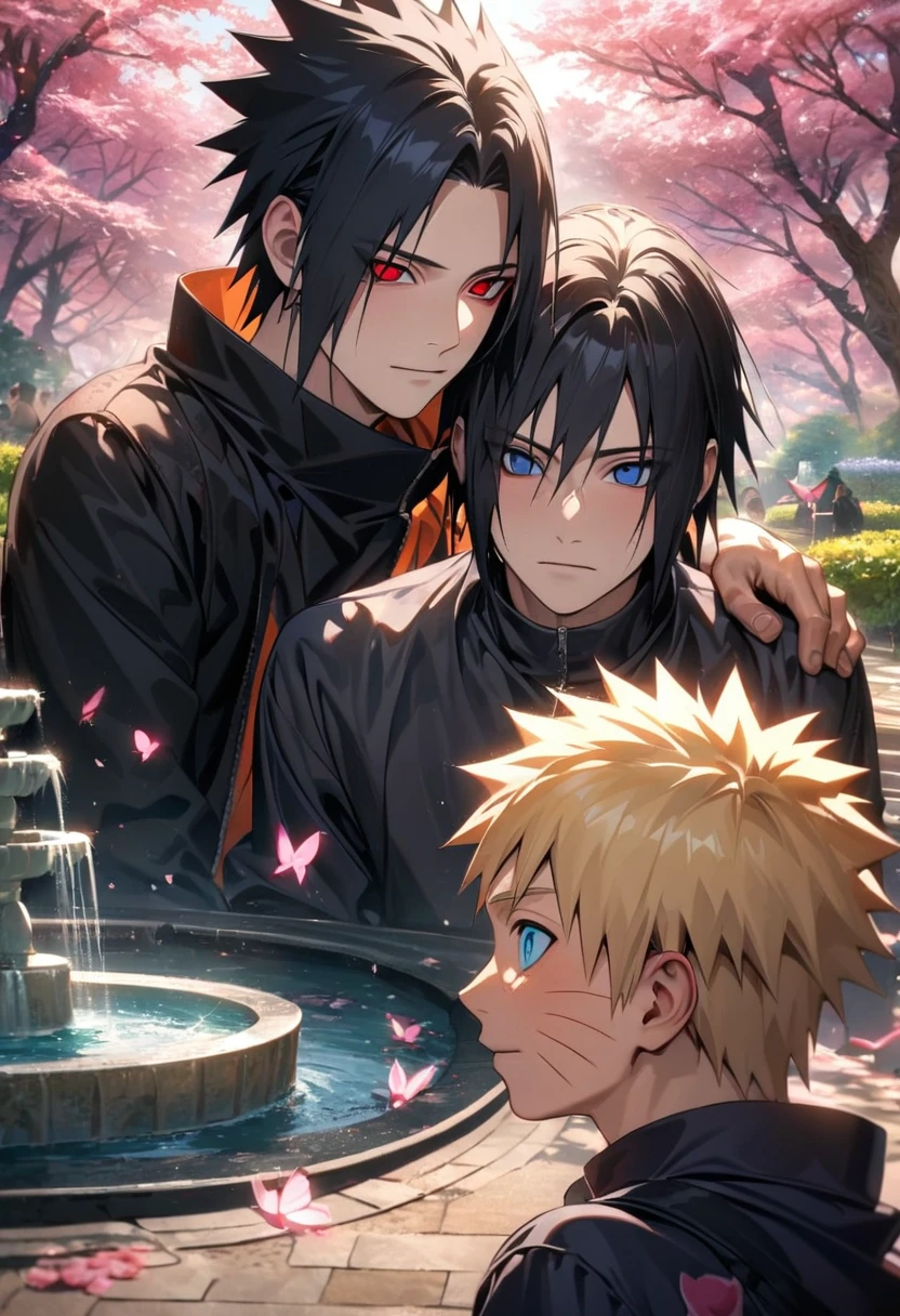 absurdres, highres, ultra detailed, HDR, master piece, ultra detailed picture, extremely detailed face and eyes, Uchiha Sasuke, black hair, expressive red eyes, Naruto Shippuden, Uzumaki Naruto, blond hair, expressive blue eyes, two men together, gay couple, handsome, pink flowers, park, fountain, pink trees, pink butterflies