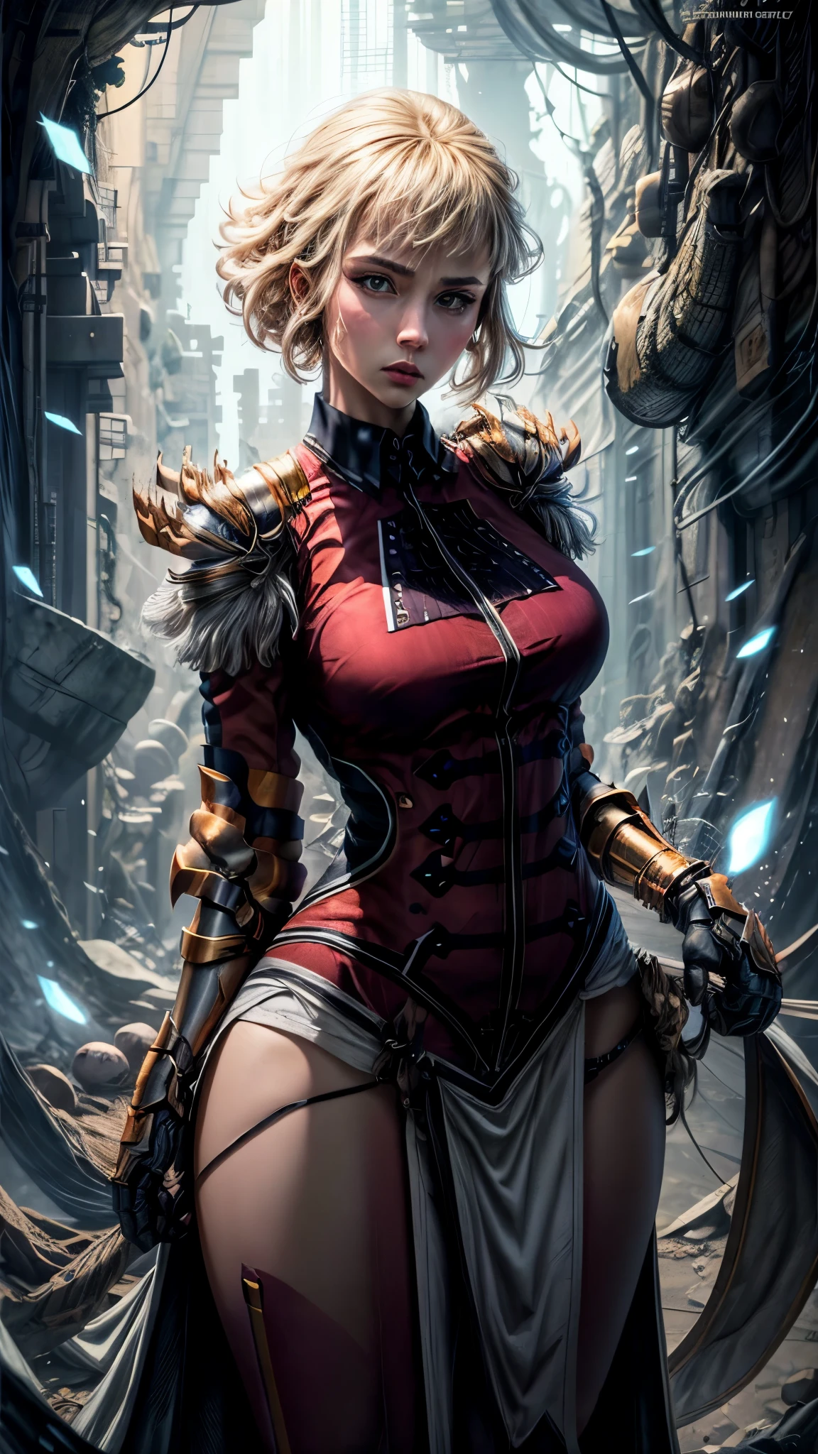 solo, 1girl, cha hae-in, expressionless, looking at viewer, armor, black collar, shoulder armor, long sleeves, gloves, gauntlets, pelvic curtain, large breasts, thick thighs, curvy hips 