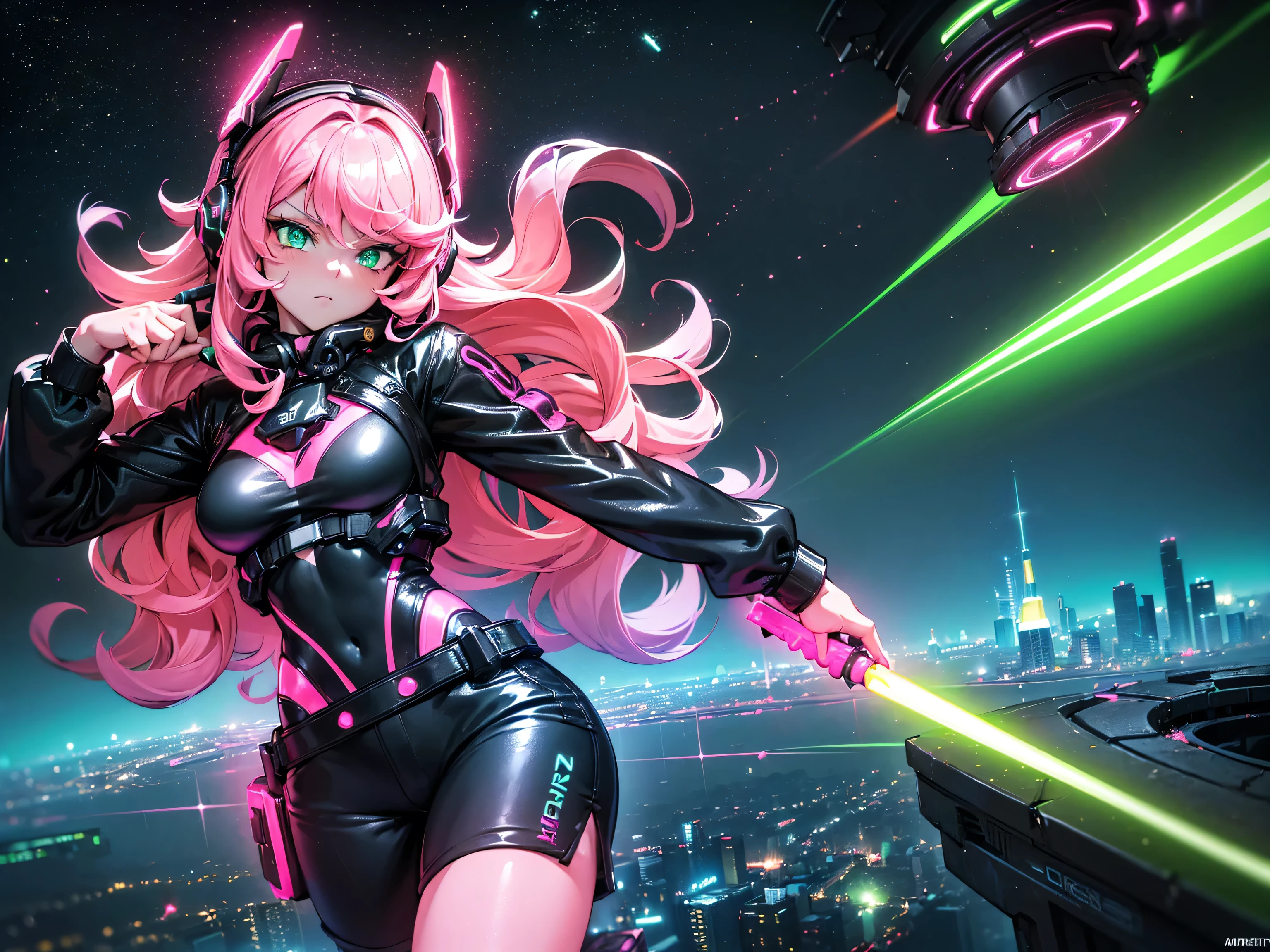 masterpiece:1.4, 1girl ((20year old, dressed in long sleeve shirt, tight black shorts, sneakers, medium breasts, multicolor pink hair, curly long hair, green eyes:1.4, Wearing headphones, badass, close up, futuristic city in background, floating in outer space:1.1 galaxy and earth in background:1.1, neon and energetic atmosphere:1.2)) ((nighttime)) ((solo:1.6))
