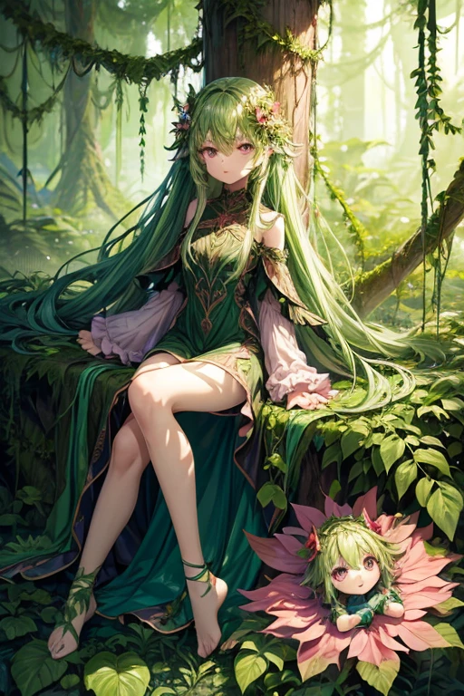 Humanoid plant in the shape of a 5-year-old girl, green skin, hair made of leaves, pink eyes, dress made of vines, feet in the shape of green roots, forest background 