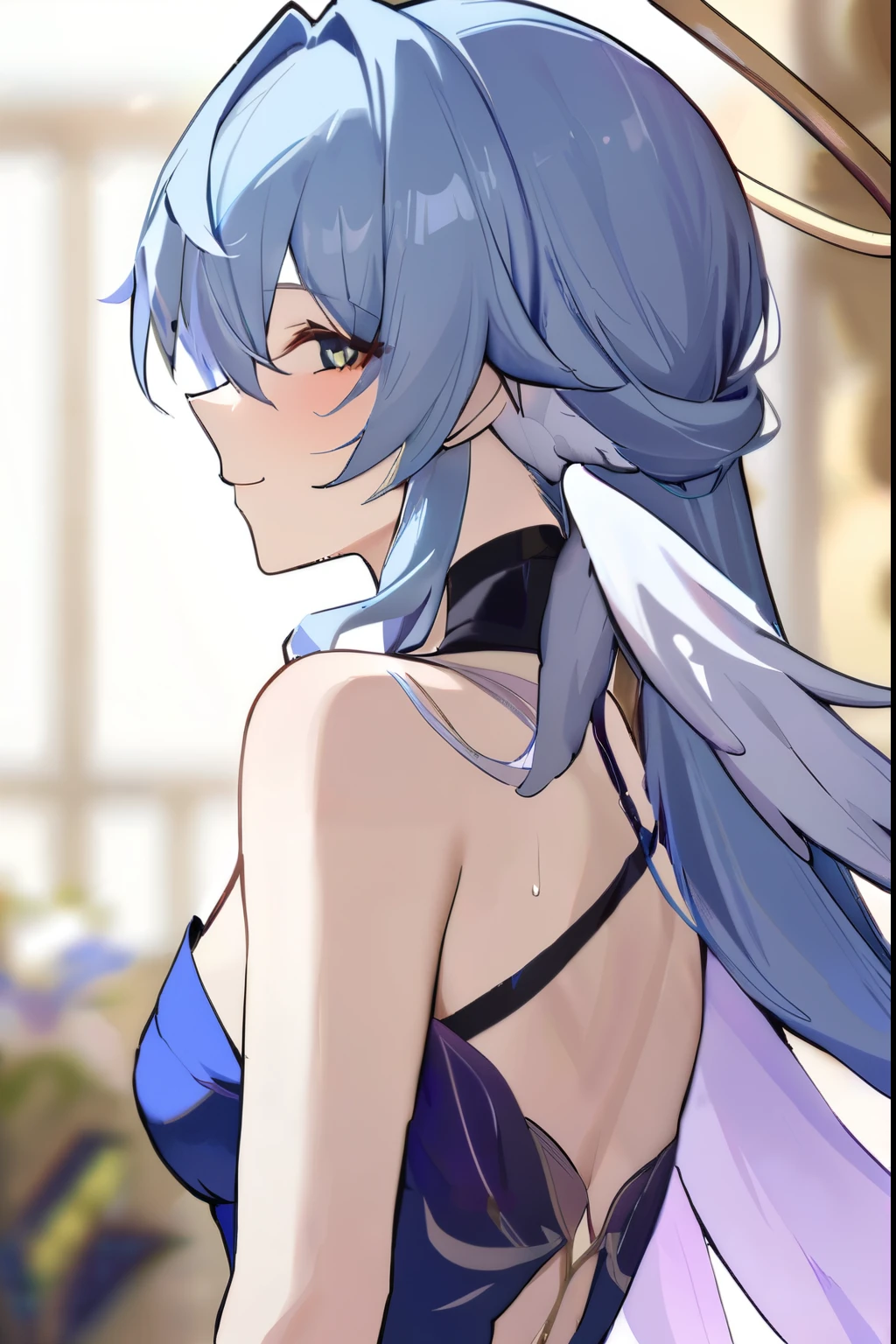 masterpiece,best quality,robin_(honkai:_star_rail), head_wings, angel, virtual_youtuber, 1girl, white_wings, looking_at_viewer, halo, wings, upper_body, solo, from_side, blurry_background, closed_mouth, dress, bare_shoulders, smile