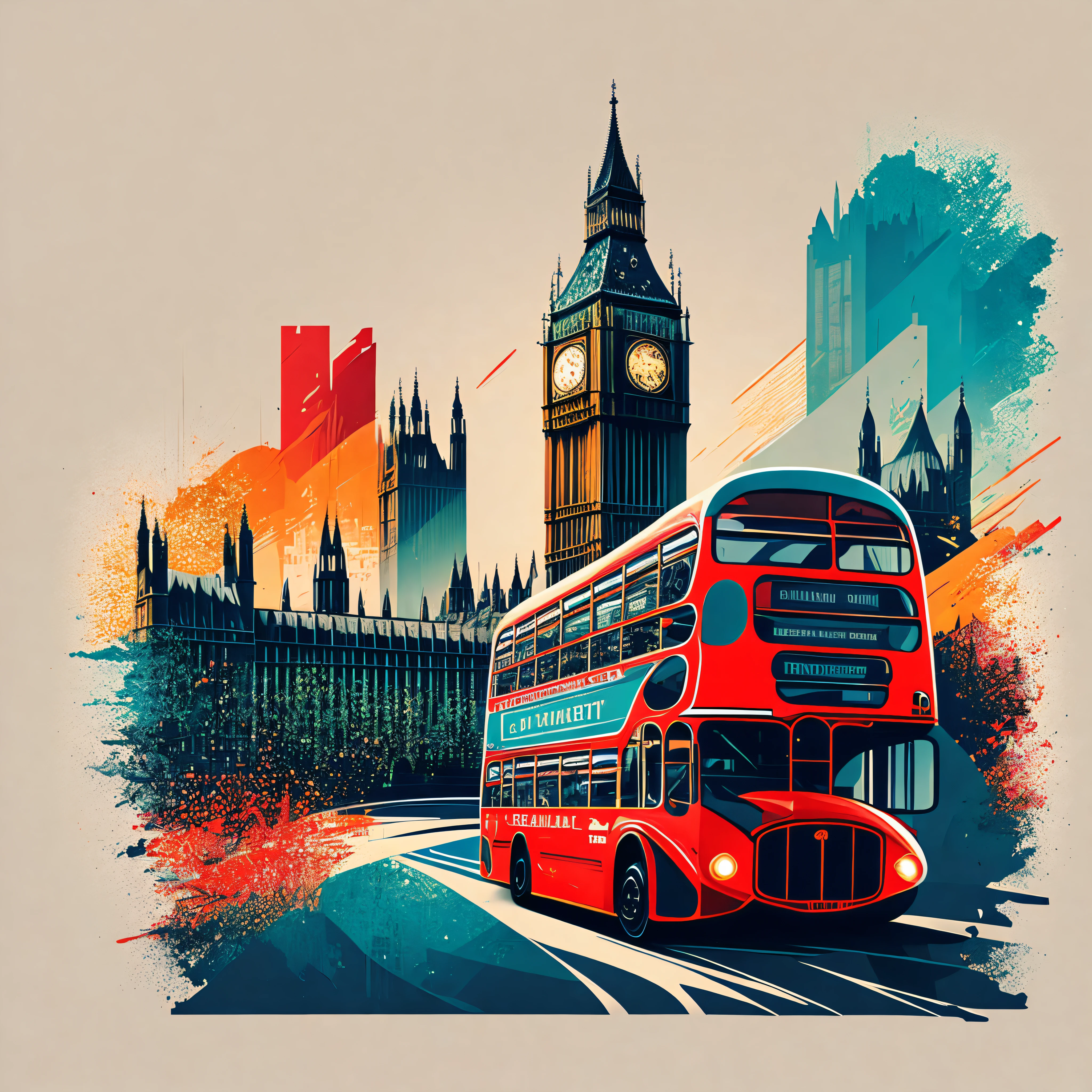 london cityscape, london bus, london parliament building, big ben, t-shirt design, vector-art