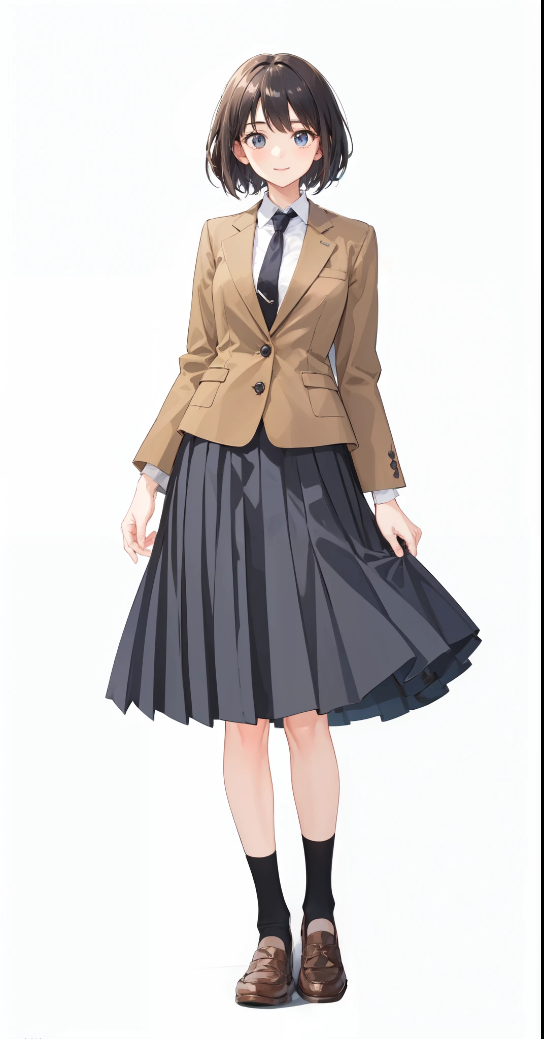 (white background:1.0), (best quality:1.0), (masterpiece:1.0), (super fine illustration:1.0), (beautiful artwork:1.0), (official art:1.0), (full body:1.0), (solo:1.0), (HSGA:1.0), (a 18yo cute girl:1.0), (long skirt:1.0), (dark blue skirt:1.0), (pleated skirt:1.0), (school uniform beige blazer:1.0), (dark blue necktie:1.0), (loafers:1.0), (black socks:1.0), (ideal ratio body proportions:1.0), (lanky:1.0), (tall:1.0), (slender:1.0), (small breasts:1.0), (smaller face:1.0), (tareme:1.0), (detailed beautiful eyes:1.0), (detailed beautiful face:1.0), (glowing black eyes:1.0), (bob cut hair:1.0), (black hair:1.0), (a smile:1.0), (delightful!:1.0), (Chromo-white skin:1.0), (standing:1.0), (looking at viewer:1.0), (Movie Lighting:1.0)
