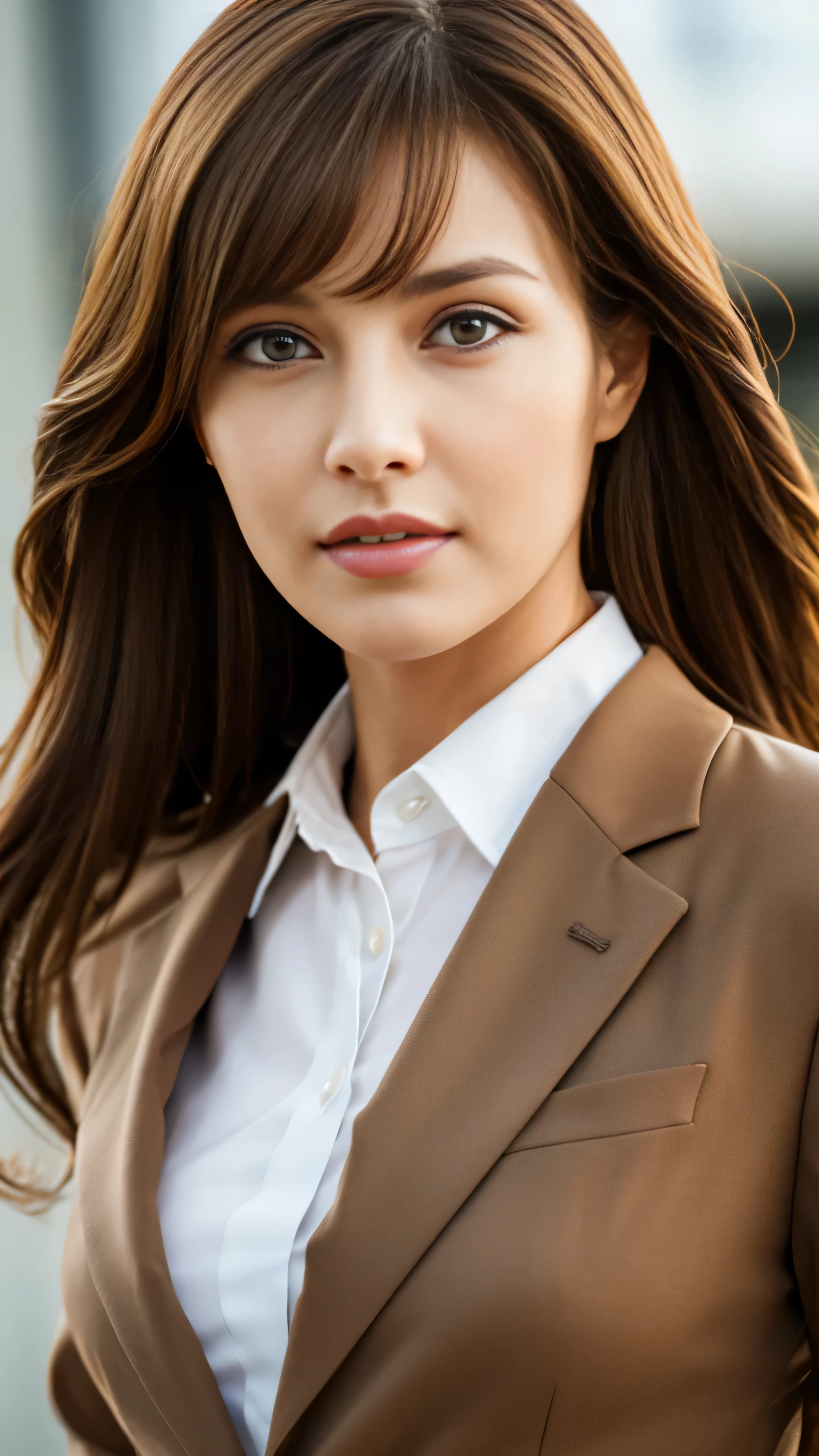Tabletop, highest quality, Realistic, Very detailed, finely, High resolution, 8k wallpaper, One beautiful woman, Light brown messy hair, Wear a business suit, Sharp focus, Perfect dynamic composition, Beautiful and detailed eyes, look into the viewer'eye, Thinning hair, short hair, Detailed Realistic skin texture, smile, Close-up portrait, Model Body Type