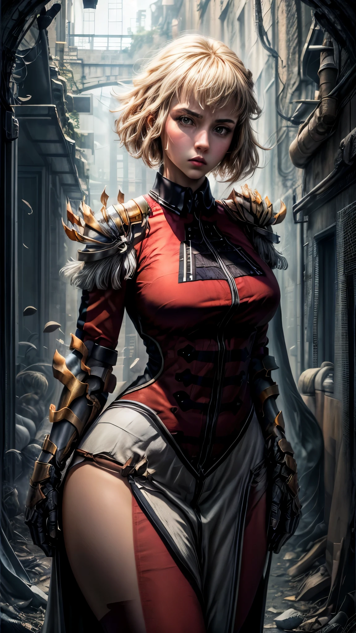 solo, 1girl, cha hae-in, expressionless, looking at viewer, armor, black collar, shoulder armor, long sleeves, gloves, gauntlets, pelvic curtain, large breasts, thick thighs, curvy hips 