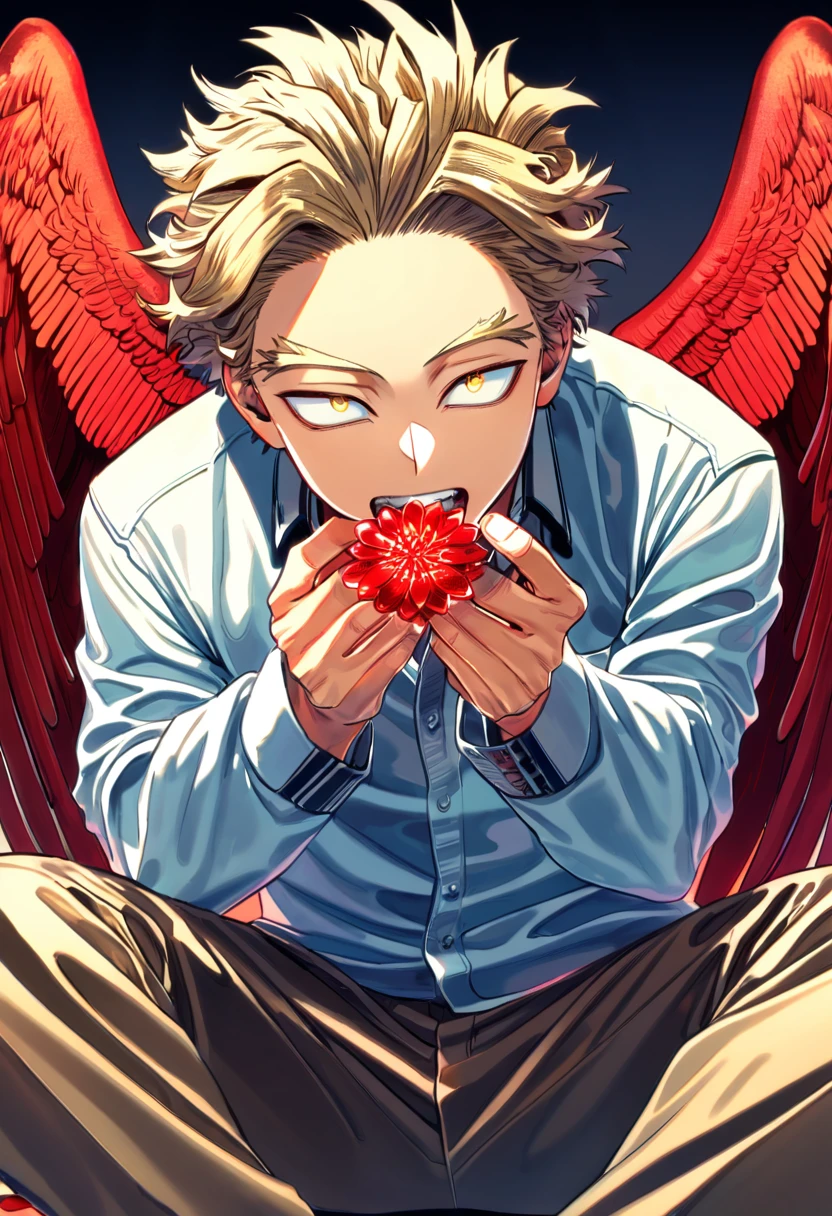 Ultra detailed, HDR, Highres, absurdres, master piece, Takami Keigo, ash blond hair, expressive golden eyes, Hawks, Boku No Hero Academia, red petals, red ice flowers, sexy man, solo, extremely detailed face and eyes, extremely handsome, glittering, red glass, sitting, brown pants, red wings,