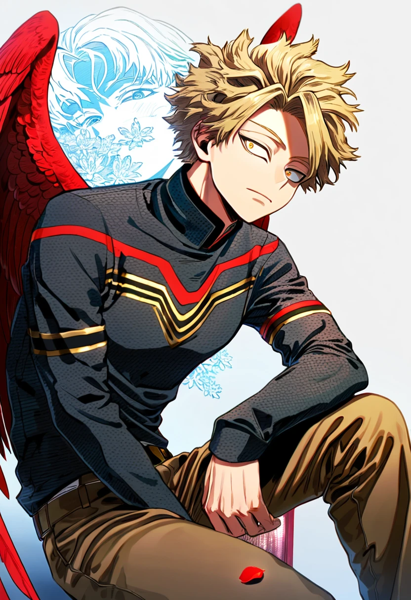 Ultra detailed, HDR, Highres, absurdres, master piece, Takami Keigo, ash blond hair, expressive golden eyes, Hawks, Boku No Hero Academia, red petals, red ice flowers, sexy man, solo, extremely detailed face and eyes, extremely handsome, glittering, red glass, sitting, brown pants, red wings,
