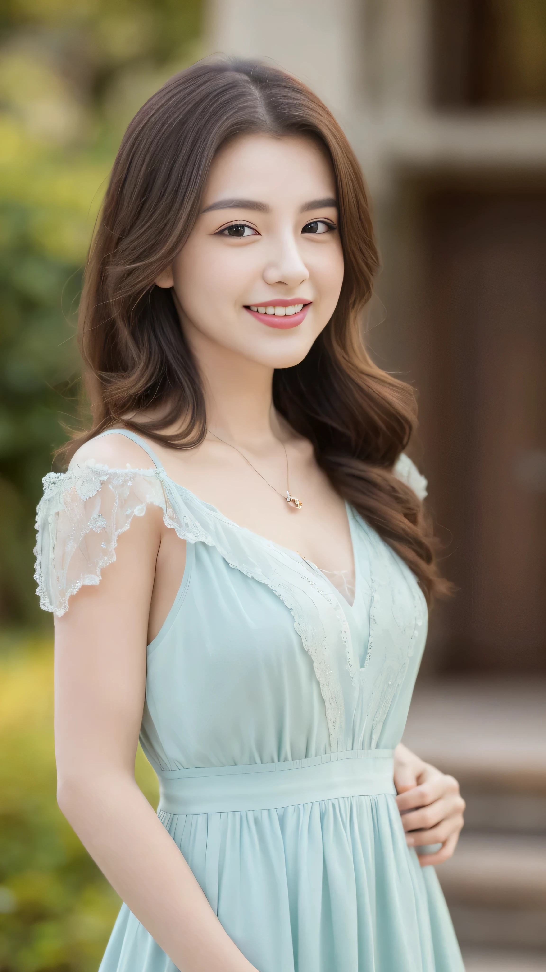 (highest quality, 16K, masterpiece: 1.3), (Movie actress:1.4),Beautiful woman with perfect figure: 1.2, 1 female, alone, (Nationality is random:1.4), Wearing a pendant, Strapless、Elegant long dress、(A very loving smile:1.2)、 Highly detailed face and skin, Fine grain, double eyelid, ((Full Body Shot:1.3))、