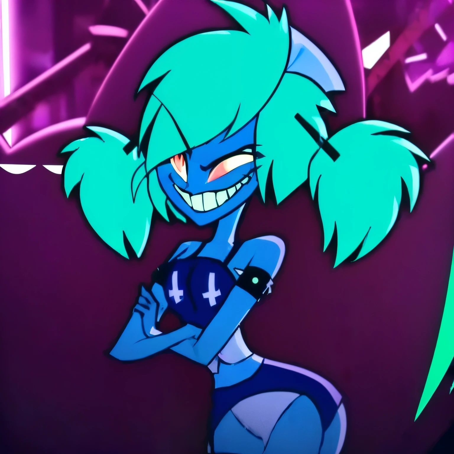 cartoon girl with green hair and blue eyes holding a blue and green object, this character has cryokinesis, nefarious smirk, in cyber punk 2077, badass pose, kda, villainess, in a cyber - punk ally, movie still of the alien girl, knights of zodiac girl, mermaid cyborg with a laser whip, giddy smirk Hazbin hotel,sinner,  demon female   blue skin with bright blueish green hair with an X imprinted on right eye ball, her outfit is very revealing with a nurse cap on her head, most likely a sleazy cosplay of a nurse cartoon, animated 