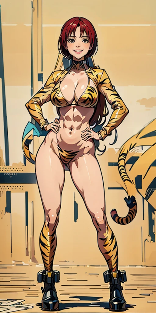 Full body Rei Kishimoto from "Gantz" (((Plain background 1:2))) (masterpiece, high quality: 1.1) 1girl solo full body height standing straight symmetrical looking to the viewer, view from below, far shot, cow boy shot, perfect lighting, muscular, thighs, mature woman, mummy, bellybutton, abs, looks at the viewer smile RED CHEEKS, extremely huge breasts, maternal, porcelain skin, extra very long hair, sparkly skin, good face, chest cover, HANDS ON HIPS (yellow tiger bikini print long sleeves and long stockings)