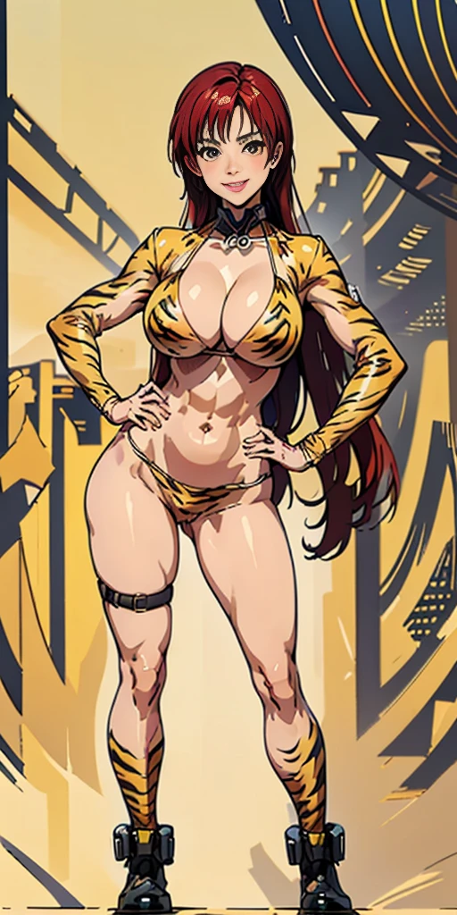 Full body Rei Kishimoto from "Gantz" (((Plain background 1:2))) (masterpiece, high quality: 1.1) 1girl solo full body height standing straight symmetrical looking to the viewer, view from below, far shot, cow boy shot, perfect lighting, muscular, thighs, mature woman, mummy, bellybutton, abs, looks at the viewer smile RED CHEEKS, extremely huge breasts, maternal, porcelain skin, extra very long hair, sparkly skin, good face, chest cover, HANDS ON HIPS (yellow tiger bikini print long sleeves and long stockings)