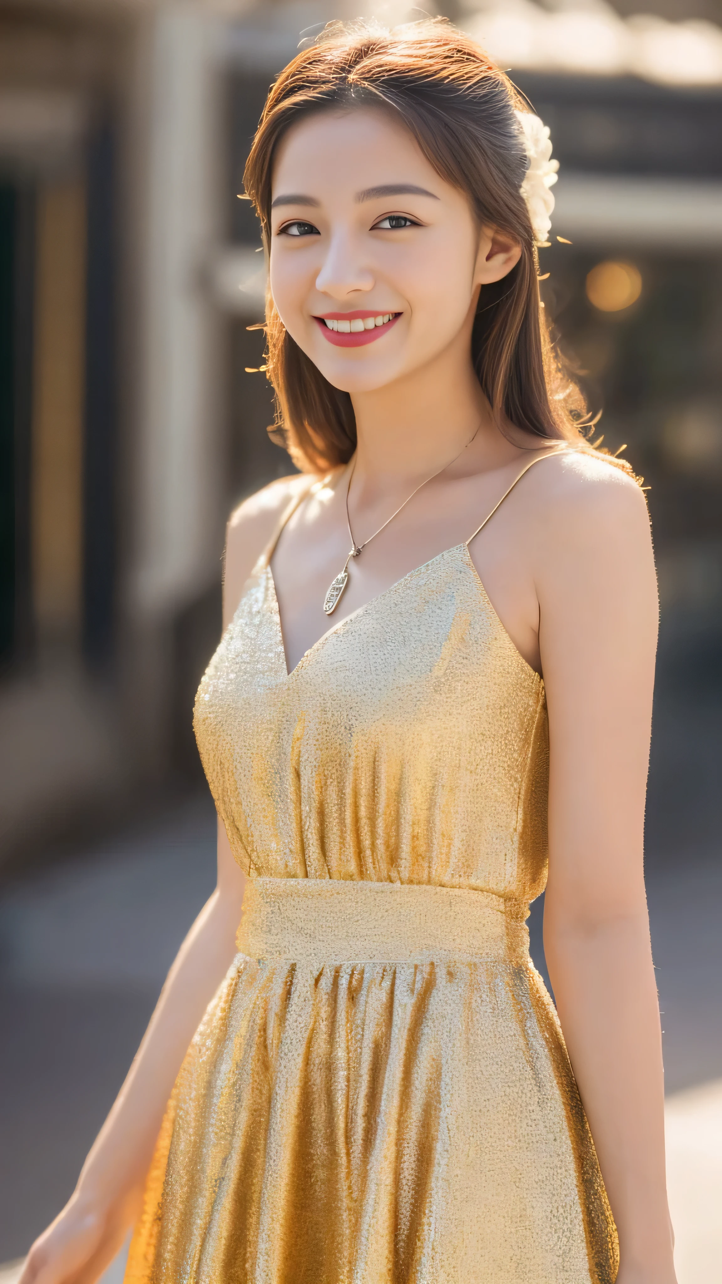 (highest quality, 16K, masterpiece: 1.3), (Movie actress:1.4),Beautiful woman with perfect figure: 1.2, 1 female, alone, (Nationality is random:1.4), Wearing a pendant, Strapless、Elegant long dress、(A very loving smile:1.2)、 Highly detailed face and skin, Fine grain, double eyelid,  ((Full Body Shot:1.3))、