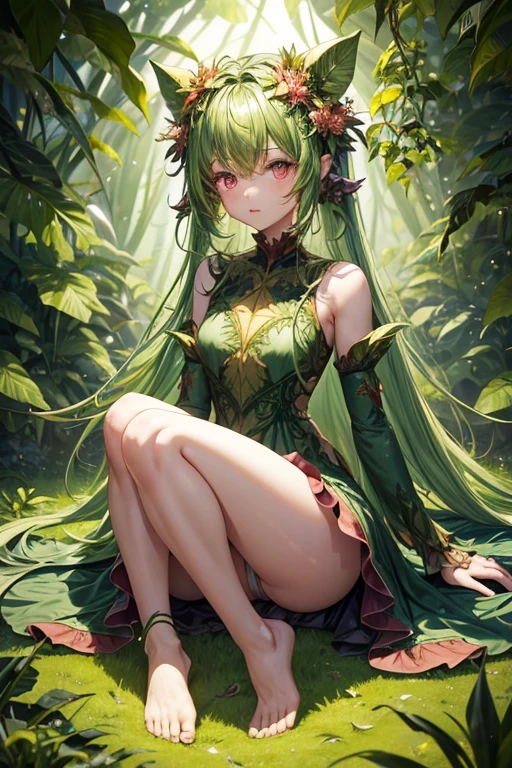 Humanoid plant in the shape of a 5--old l, green skin, hair made of leaves, pink eyes, dress made of vines, feet in the shape of green roots, forest background 