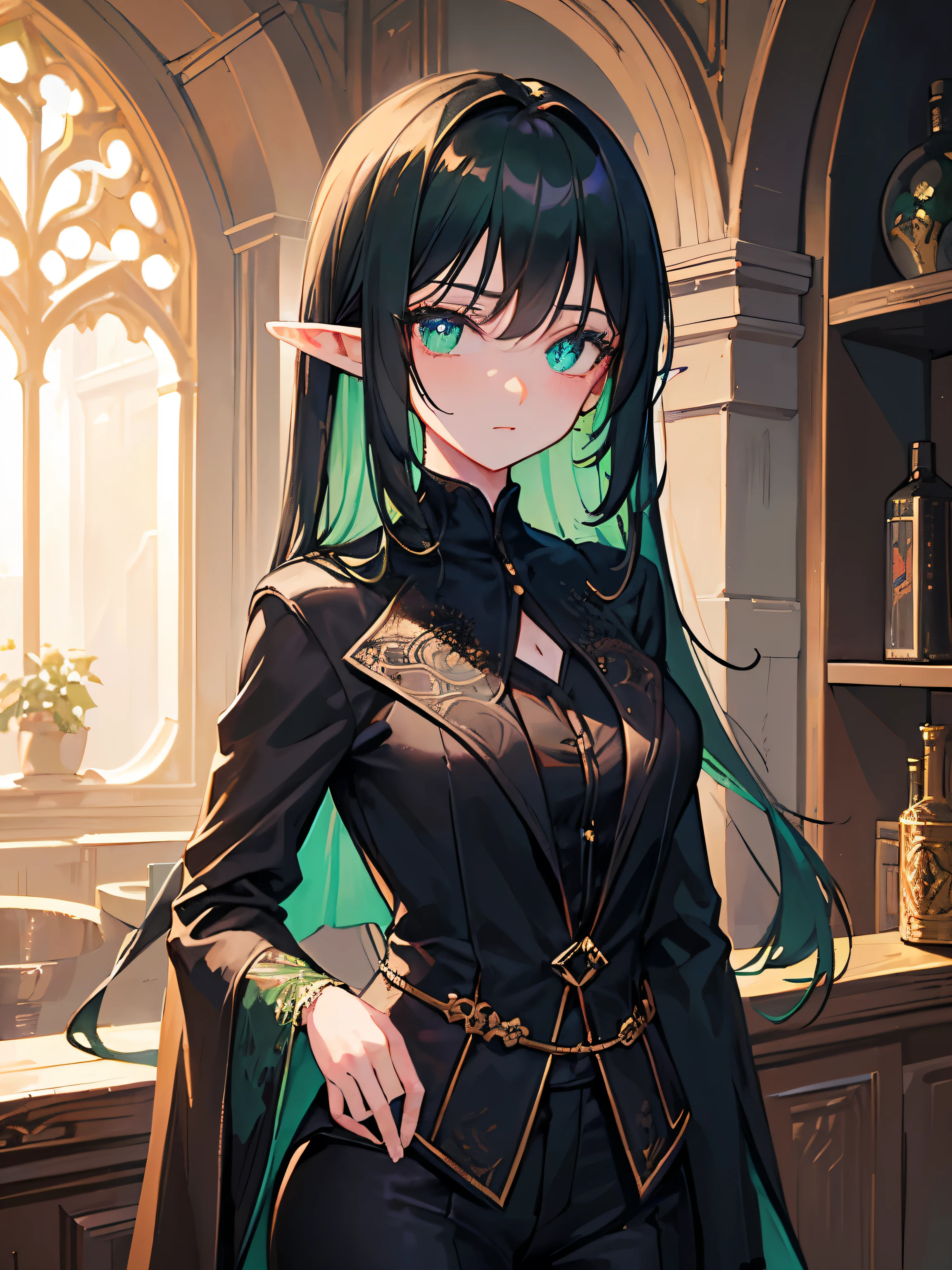 1girl, black medium hair, green eyes, (detailed face), (black formal suit), medieval, (medieval room bakcground), masterrpiece, black pants, (serius expresion), (mature), (beautiful), (elf), ((detailed eyes)), (((old)))