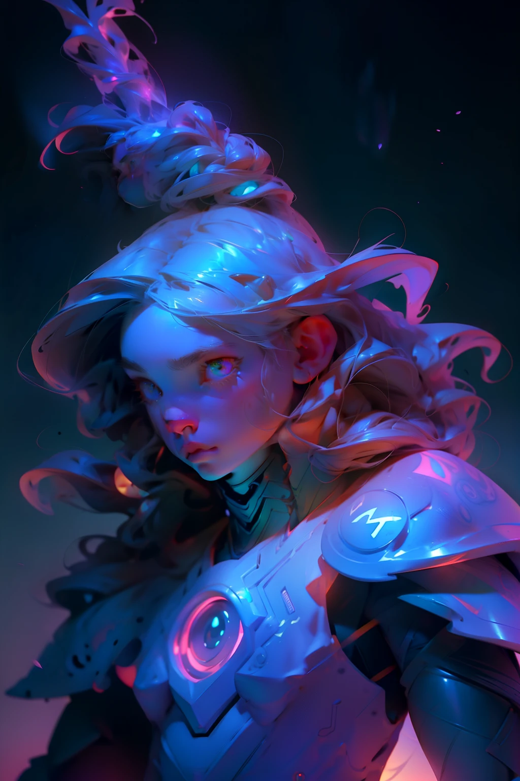 Cybernetically enhanced Elf Knight, (floating_long_hair:1.3), (detailed eyes:1.5), beauty face, cool vibe, fog-filled environment, majestic pose, glowing glyphs, graphite and metallic textures, unique, reflection, detailed pattern, (glowing aura:1.2), fantasy, fantastic, sharp, rainbow crystals, storm aura, floating:1.4, ((purple aura, green aura)), shine:1.3, (Chuppy body:1.4), Cyber training suit, amigurumi details, shot in the shoulder, traffic schedules in the background, contrast