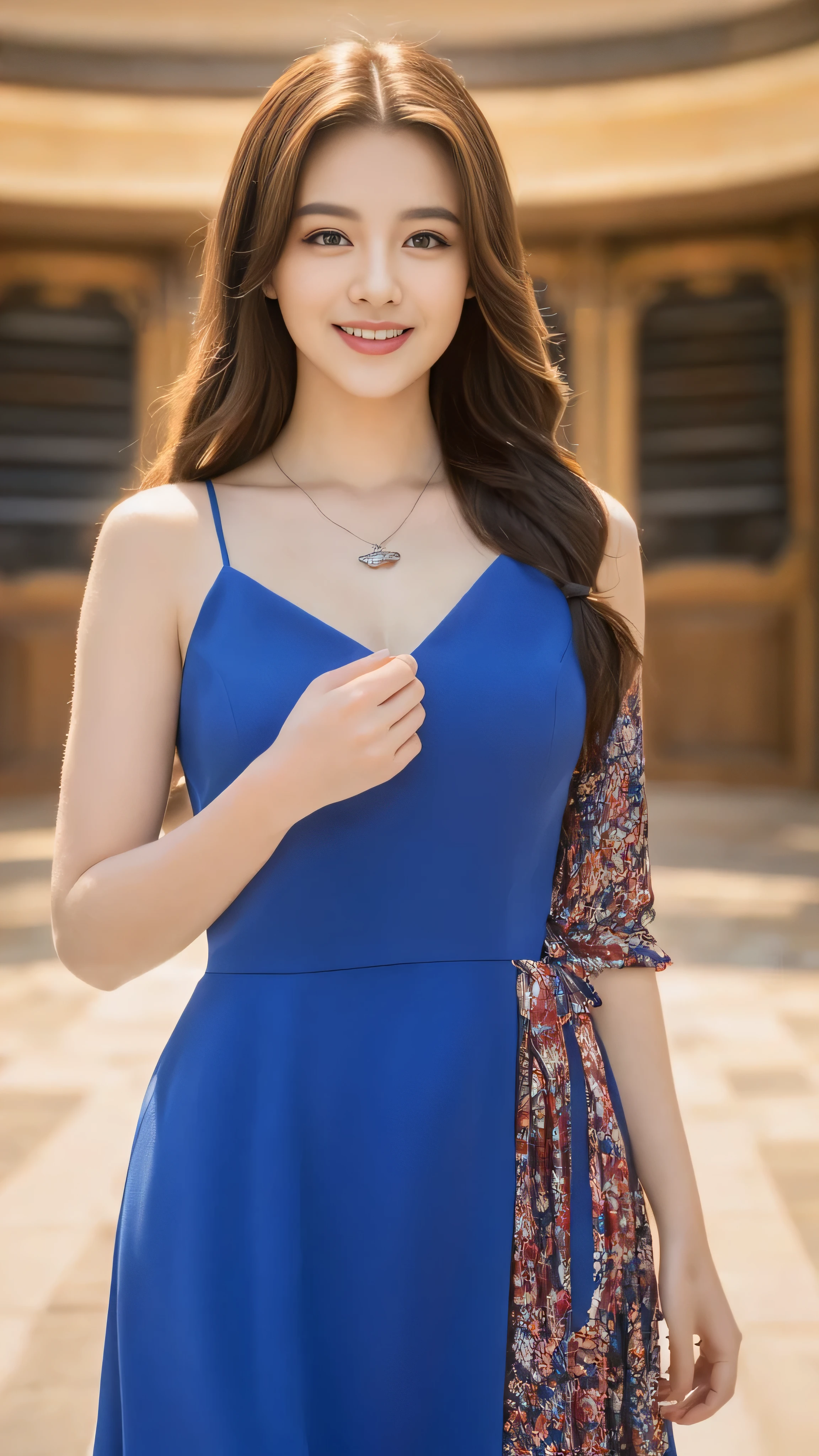 (highest quality, 16K, masterpiece: 1.3), (Movie actress:1.4),Beautiful woman with perfect figure: 1.2, (Nationality: British:1.3), Wearing a pendant, Strapless、Elegant long dress、(A very loving smile:1.2)、 Highly detailed face and skin, Fine grain, double eyelid,  ((Full Body Shot:1.3))、