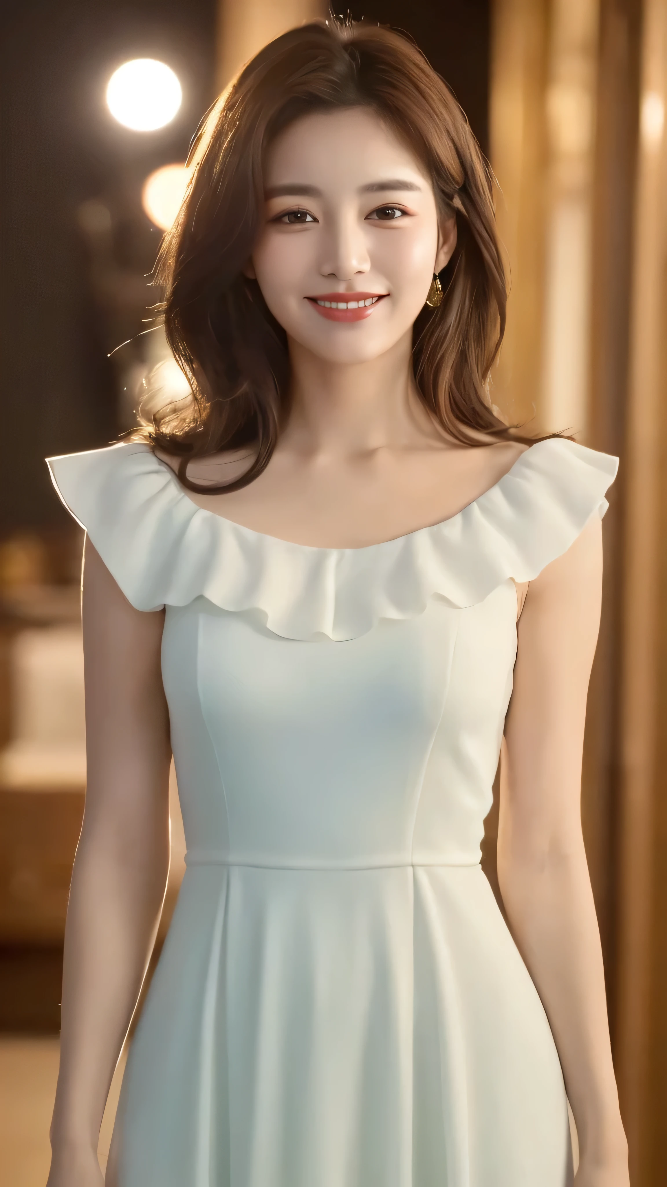(highest quality, 8K, masterpiece: 1.3), ,(The ultimate beauty of a movie actress:1.4),Beautiful woman with perfect figure: 1.2, (Nationality: Korean:1.3), Wearing a pendant, Strapless、Elegant long dress、(A very loving smile:1.2)、 Highly detailed face and skin, Fine grain, double eyelid,  ((Full Body Shot:1.3))、