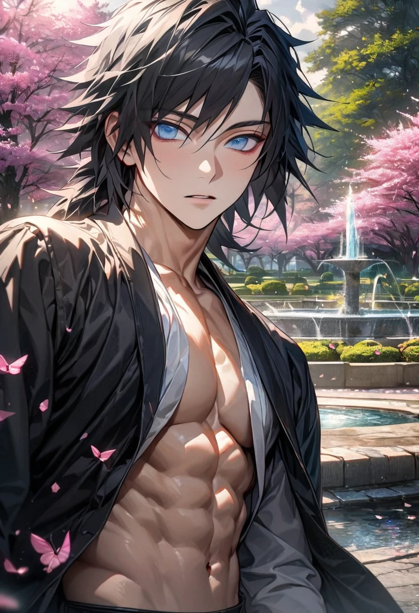 absurdres, highres, ultra detailed, HDR, master piece, ultra detailed picture, extremely detailed face and eyes, Tomioka Giyu, untamed black hair, expressive blue eyes, Kimetsu No Yaiba, sexy man, solo, handsome, toned chest, black coat, white shirt, pink flowers, park, fountain, pink trees, pink butterflies