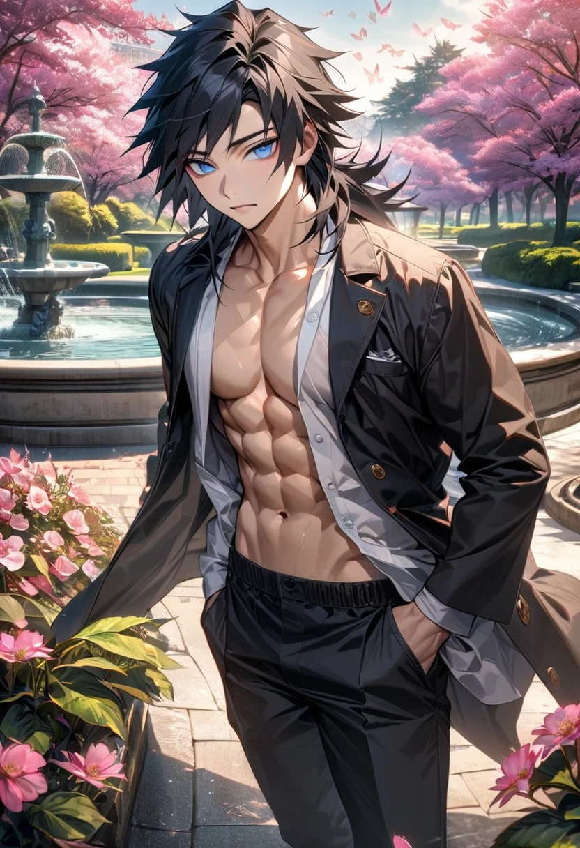 absurdres, highres, ultra detailed, HDR, master piece, ultra detailed picture, extremely detailed face and eyes, Tomioka Giyu, untamed black hair, expressive blue eyes, Kimetsu No Yaiba, sexy man, solo, handsome, toned chest, black coat, white shirt, pink flowers, park, fountain, pink trees, pink butterflies