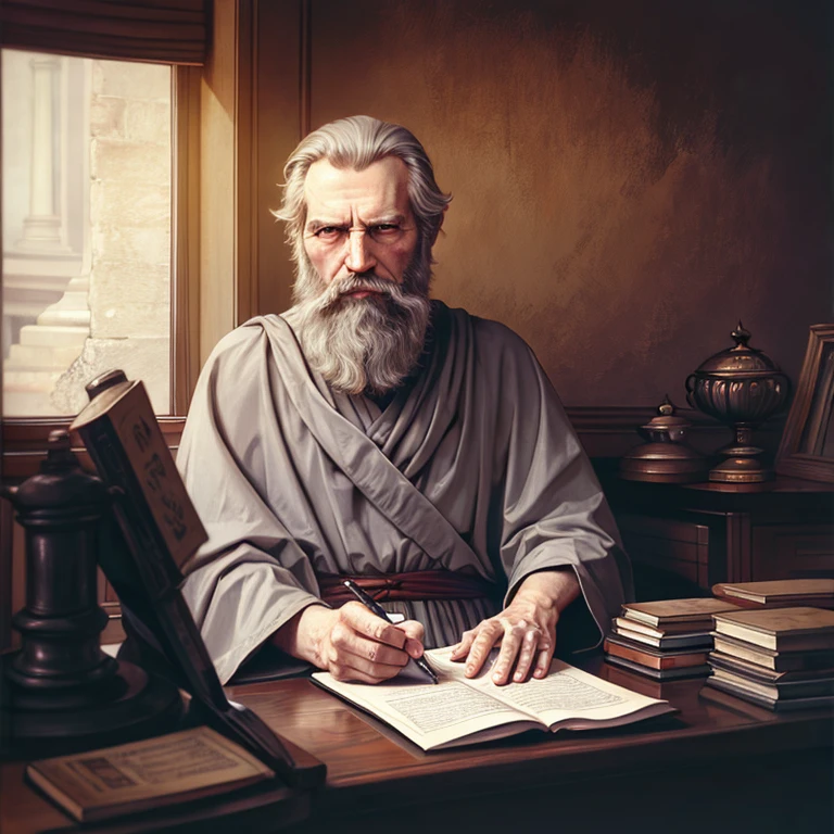 ,bgrtpainting, old magician sitting at the desk in old castle tower,ultra long white beard,gray-haired, writing, magician clothes, long robe