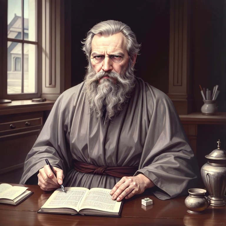 ,bgrtpainting, old magician sitting at the desk in old castle tower,ultra long white beard,gray-haired, writing, magician clothes, long robe