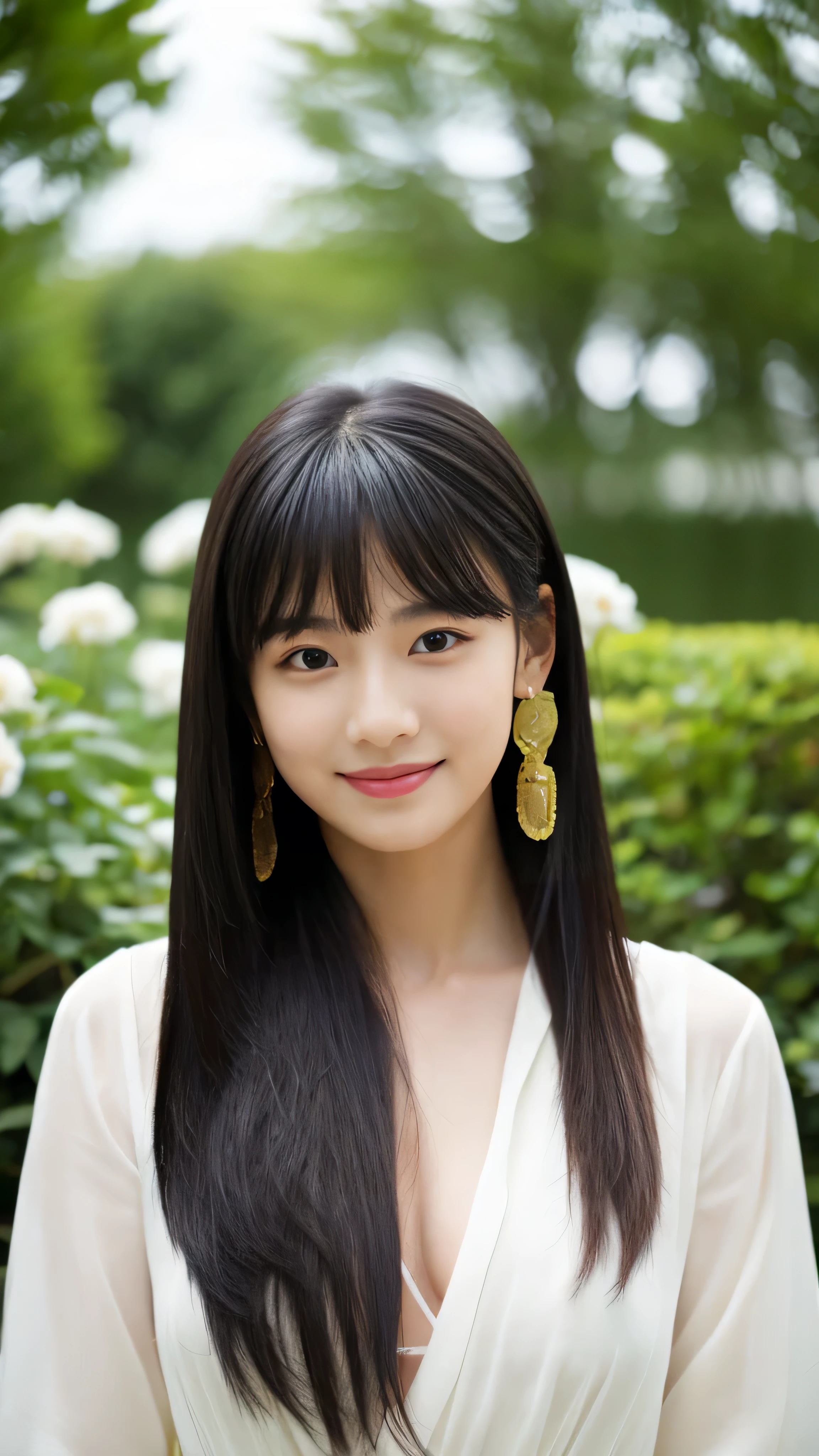 ((masterpiece)), 8K, masterpiece, highest quality, 1 girl, alone, Realistic, garden, Realistic, Very detailed, Detailed Background, (alone: 1.4), Happy expression, Slender body, Realistic Highly detailed long hair, Intricate details, masterpiece, highest quality, West Shot, (Flowering garden background)), smile, ((Looking at the camera)), Earrings, Long straight black hair, Asymmetrical bangs, Natural Breasts ,